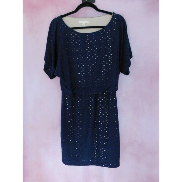 London Times Navy Blue Eyelet Dress, Lined, Batwing Sleeves, Size 2, Chic - Picture 1 of 6